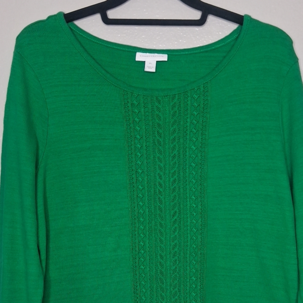 Charter Club Top Long Sleeve Green Round Neck Embroidered Petite Large - Picture 5 of 15